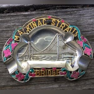 Vintage Mackinac Straits Bridge MI State metal souvenir plate ash tray nostalgic